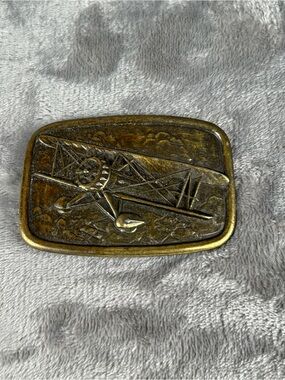 Vintage Brass ? Belt Buckle BiPlane Airplane By Avon Patina Retro 70s